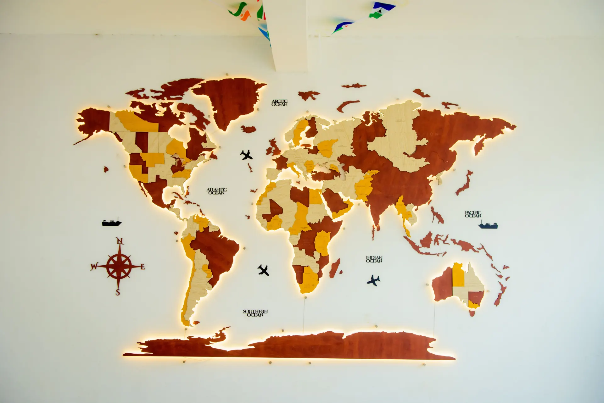 A world map displayed on campus.